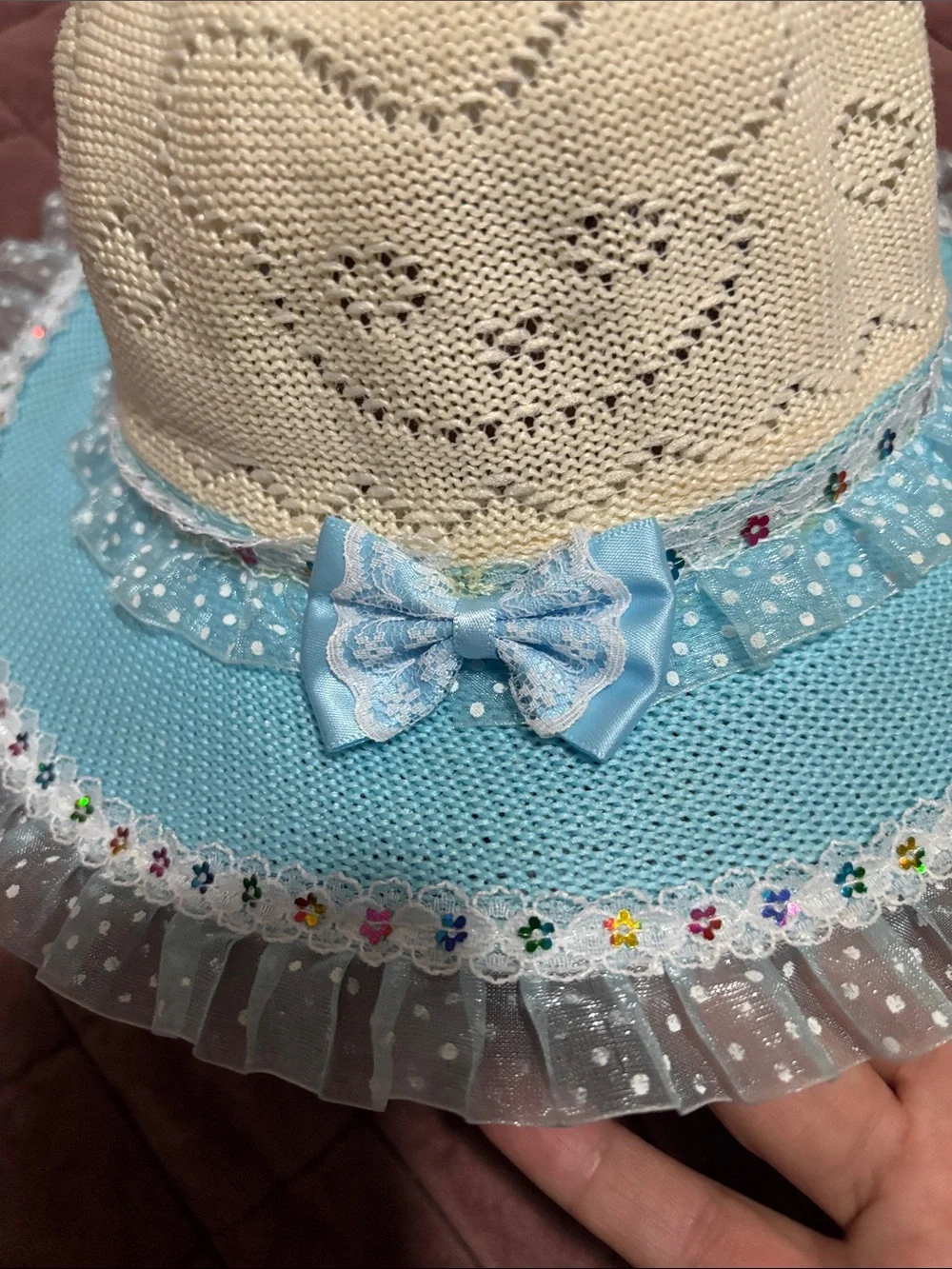 Girls' Blue and Cream Sun Hat with Lace Trim